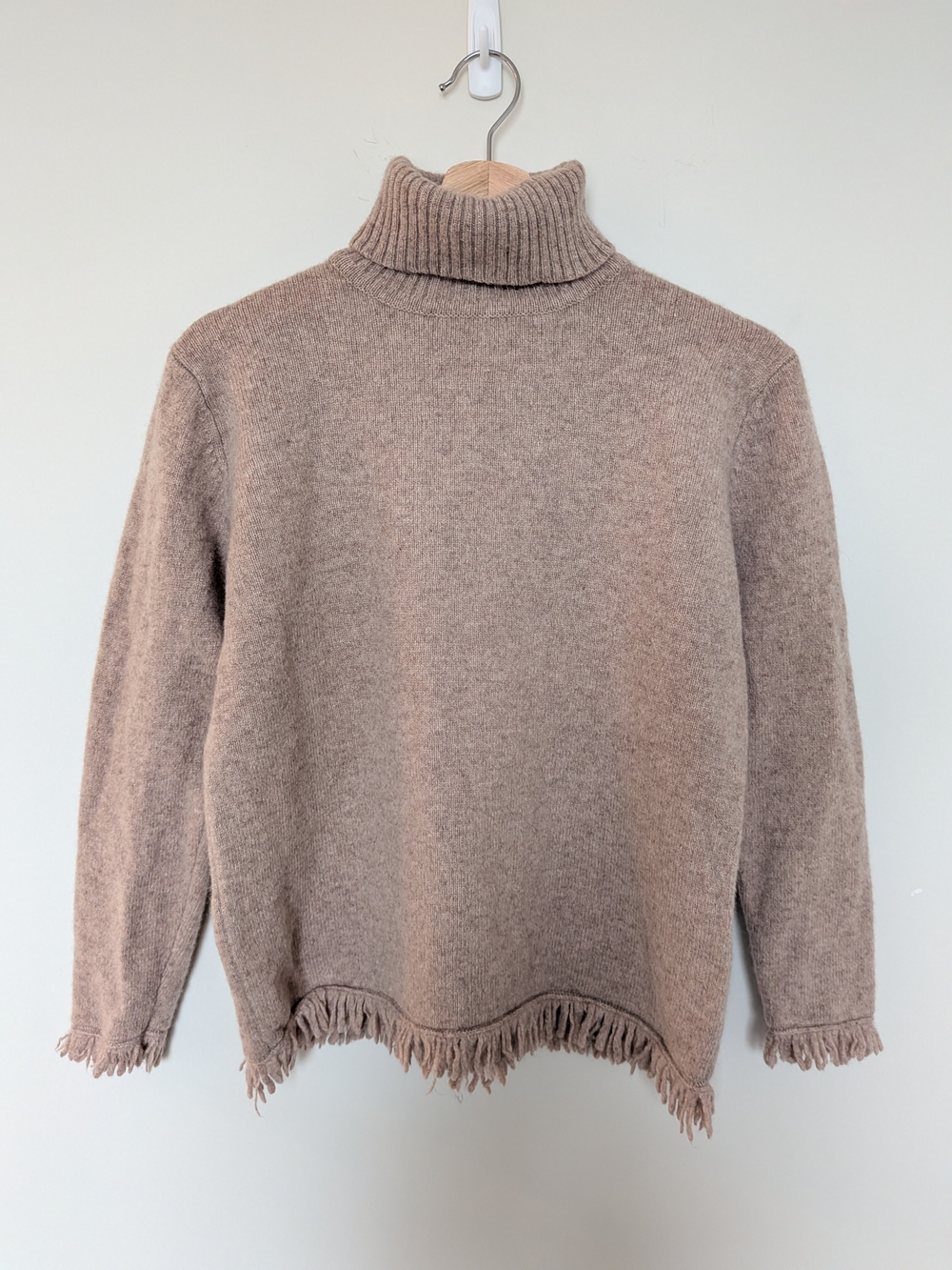Rafaella Taupe 100% Lambswool Fringe-Hem Turtleneck Sweater
